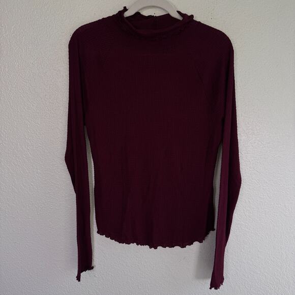 Free People Make It Easy Thermal Top Womens Large Layer High Mock Neck Burgundy - Picture 1 of 9